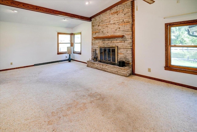 unfurnished living room featuring light carpet, vaulted ceiling with beams, and a stone fireplace