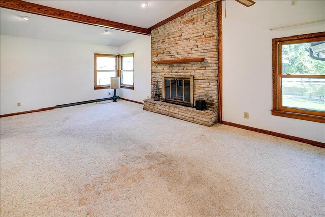 2809 Dewey Ct, Middleton, WI 53562 - unfurnished living room featuring carpet floors, vaulted ceiling with beams, baseboards, and a fireplace