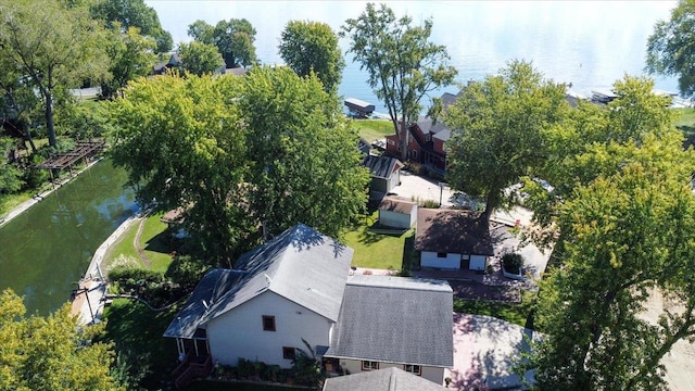 drone / aerial view with a water view