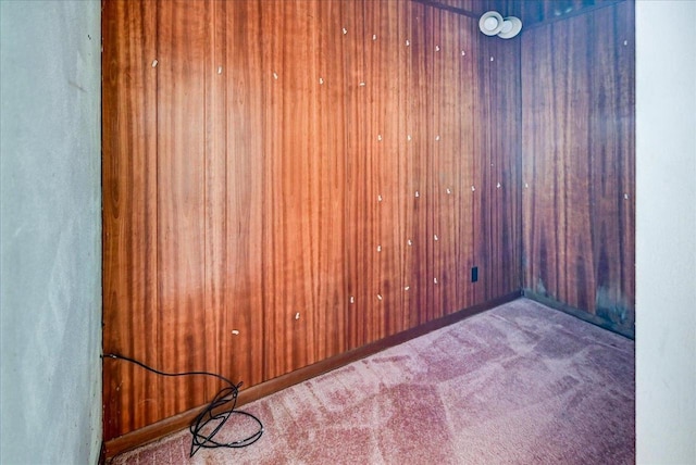 unfurnished room featuring carpet and wood walls