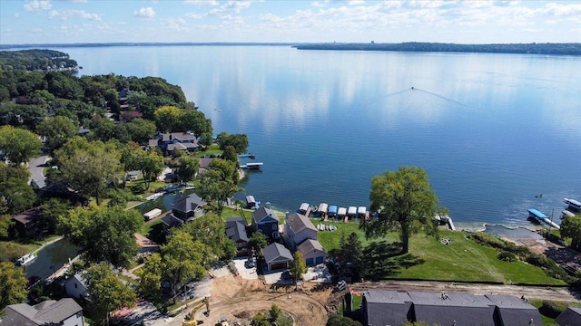 bird's eye view with a water view