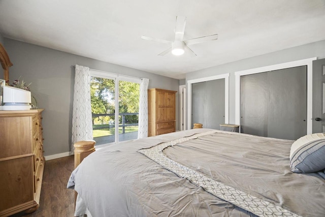 bedroom with ceiling fan and access to outside