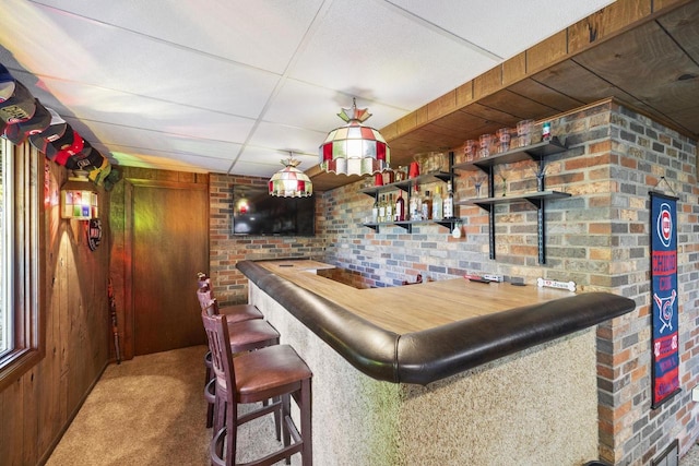 bar featuring carpet flooring, wooden walls, and brick wall