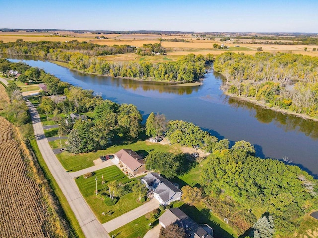 bird's eye view featuring a water view and a rural view