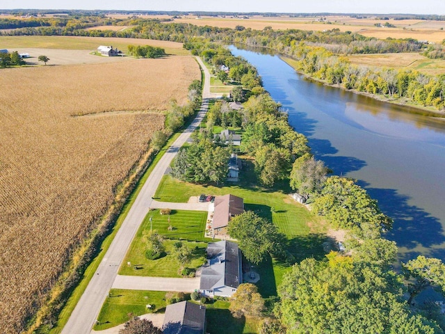 bird's eye view with a water view and a rural view