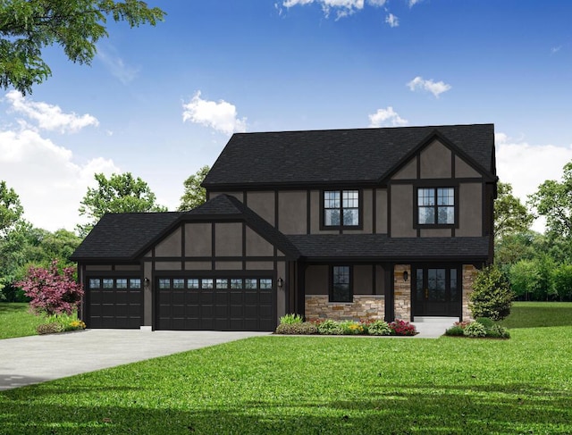 tudor-style house featuring a garage and a front lawn