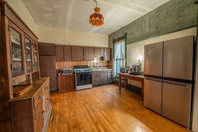 kitchen with stainless steel appliances and light hardwood / wood-style floors