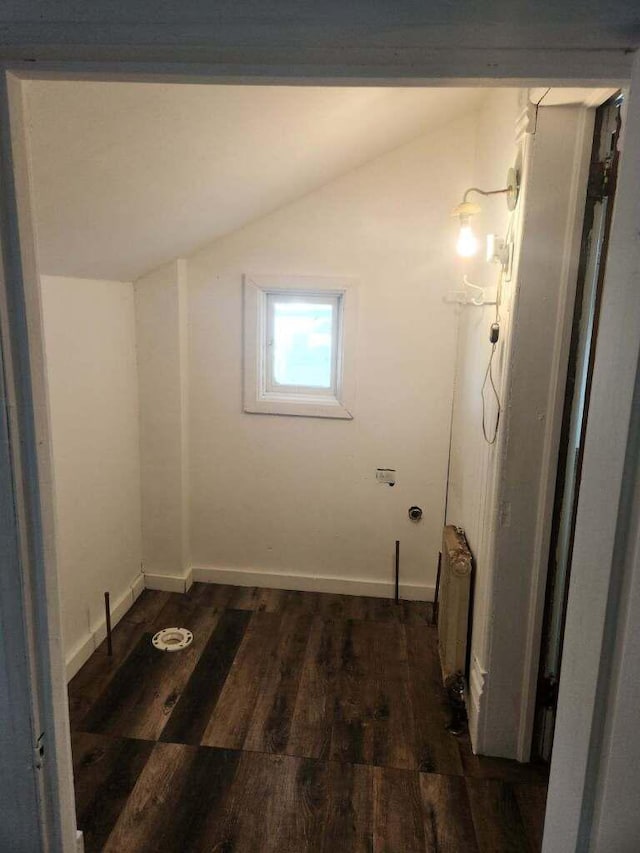 interior space with lofted ceiling, dark hardwood / wood-style floors, and radiator