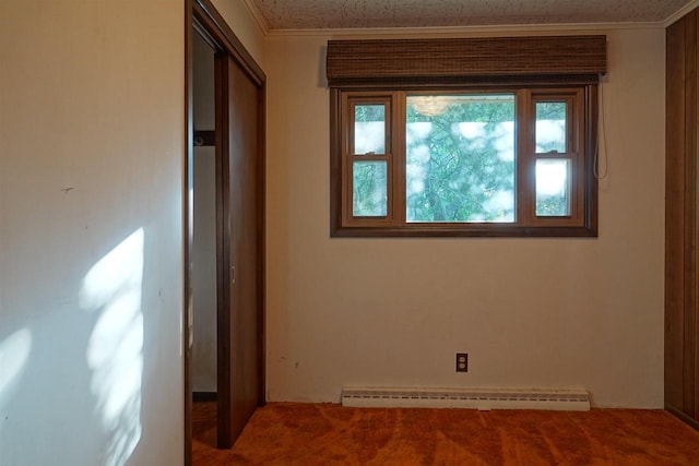 interior space with a baseboard radiator, crown molding, carpet flooring, and a textured ceiling