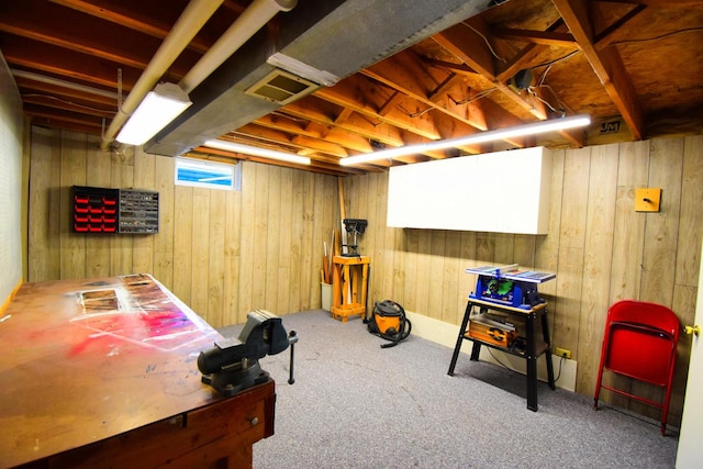 interior space with wooden walls and carpet floors