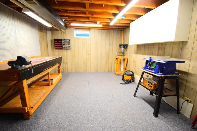 interior space with carpet floors and wooden walls