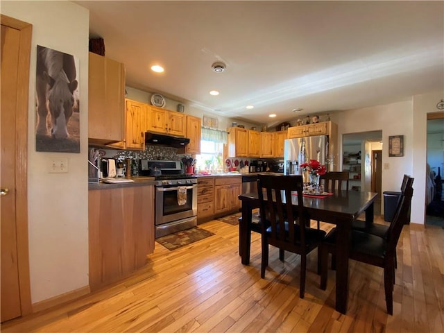 kitchen featuring backsplash, light hardwood / wood-style flooring, and stainless steel appliances