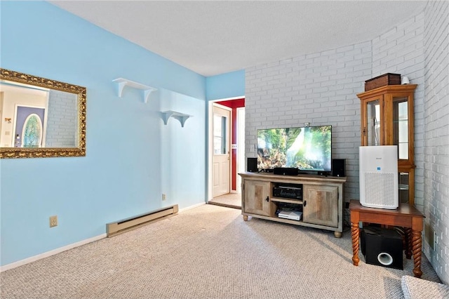 living room with baseboard heating, brick wall, a textured ceiling, and light colored carpet