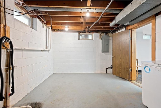 basement featuring electric panel, washer / clothes dryer, and plenty of natural light