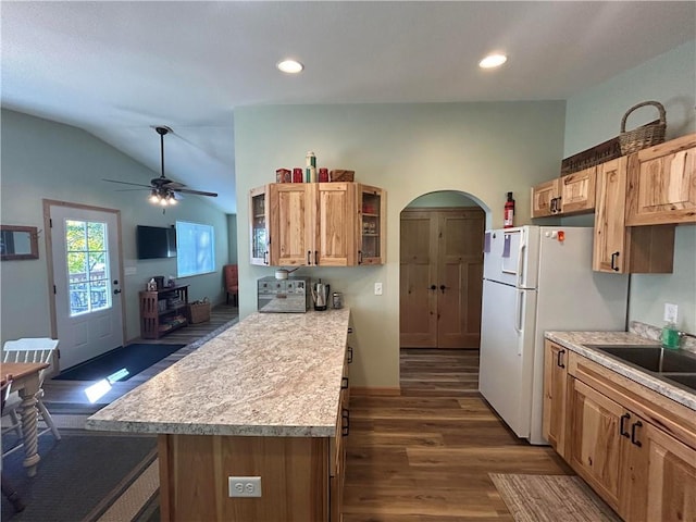 kitchen with vaulted ceiling, ceiling fan, dark wood-type flooring, and sink