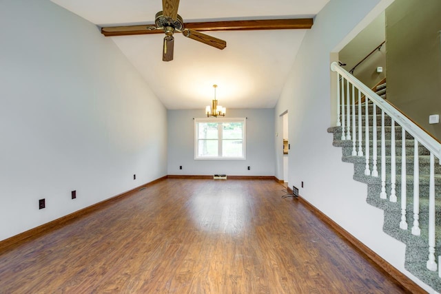 unfurnished living room with lofted ceiling with beams, ceiling fan with notable chandelier, and hardwood / wood-style floors