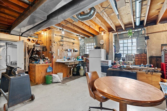 basement featuring white refrigerator and a wealth of natural light