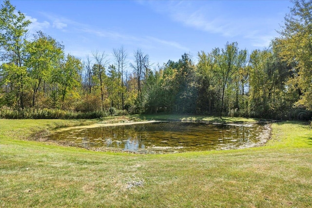 view of community featuring a water view and a lawn