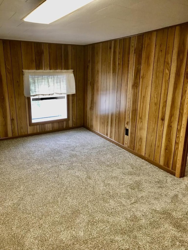 empty room featuring wooden walls and carpet