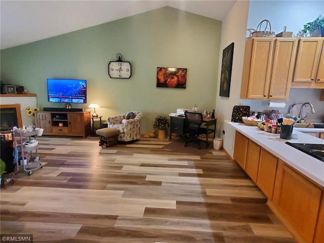 kitchen with vaulted ceiling and light hardwood / wood-style floors