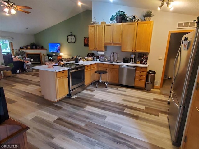 kitchen featuring stainless steel appliances, light hardwood / wood-style floors, and lofted ceiling