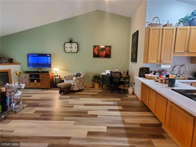 kitchen with light wood-type flooring, vaulted ceiling, and sink