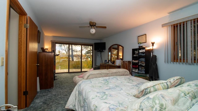 bedroom with ceiling fan, dark colored carpet, and access to exterior