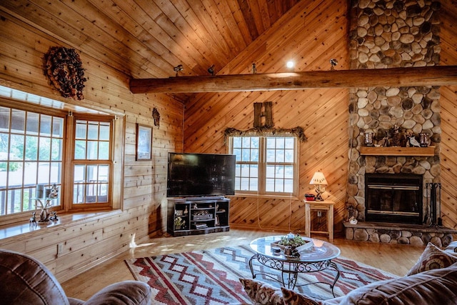 living room featuring a stone fireplace, wooden walls, high vaulted ceiling, and hardwood / wood-style flooring