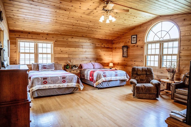 bedroom featuring multiple windows, wood ceiling, light hardwood / wood-style floors, and ceiling fan