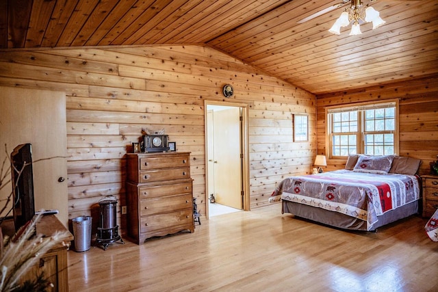 bedroom with lofted ceiling, light hardwood / wood-style floors, wooden ceiling, and ceiling fan