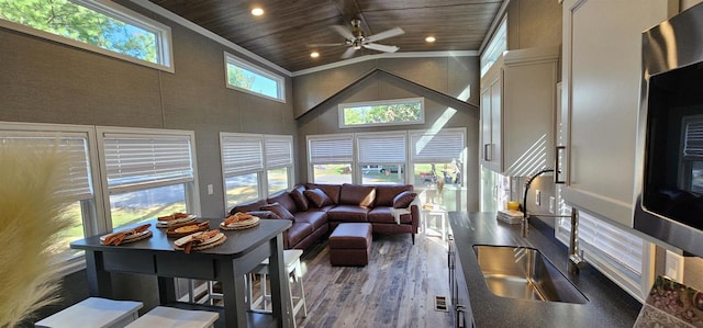 living room featuring wood ceiling, plenty of natural light, dark hardwood / wood-style flooring, and high vaulted ceiling