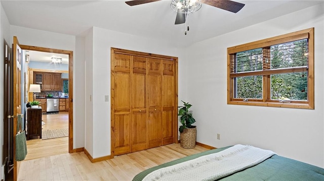 bedroom with ceiling fan, a closet, and light hardwood / wood-style flooring