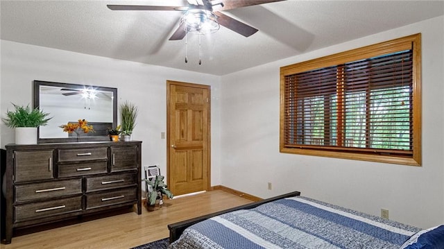 bedroom featuring ceiling fan and light hardwood / wood-style flooring