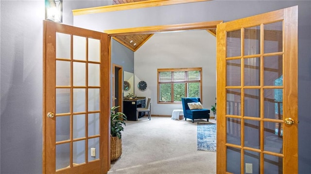 office featuring carpet flooring, vaulted ceiling, and french doors