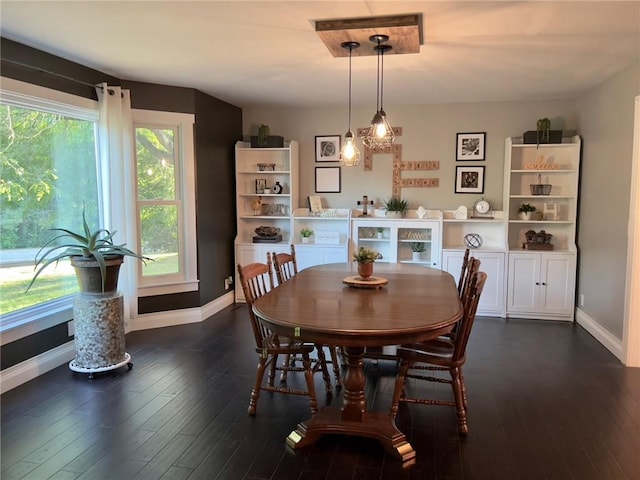 dining space with plenty of natural light and dark hardwood / wood-style flooring