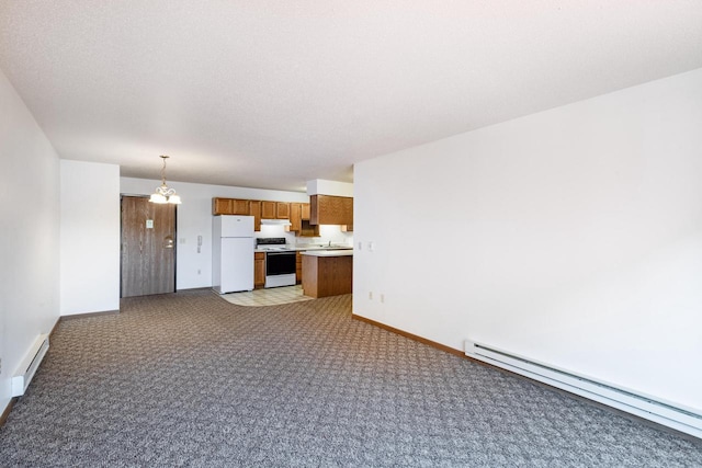 kitchen with white appliances, light carpet, pendant lighting, and a baseboard radiator