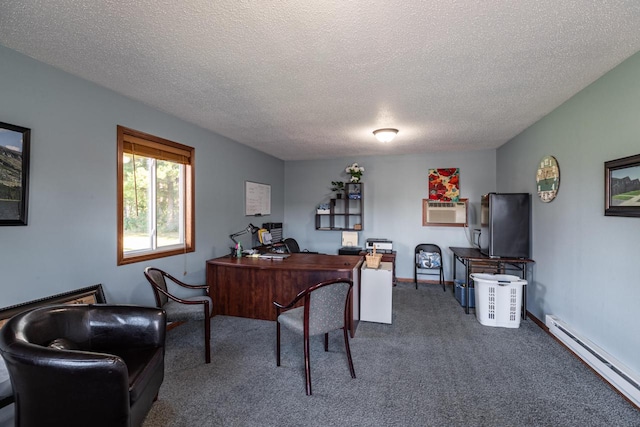 home office with a baseboard radiator, cooling unit, a textured ceiling, and dark carpet