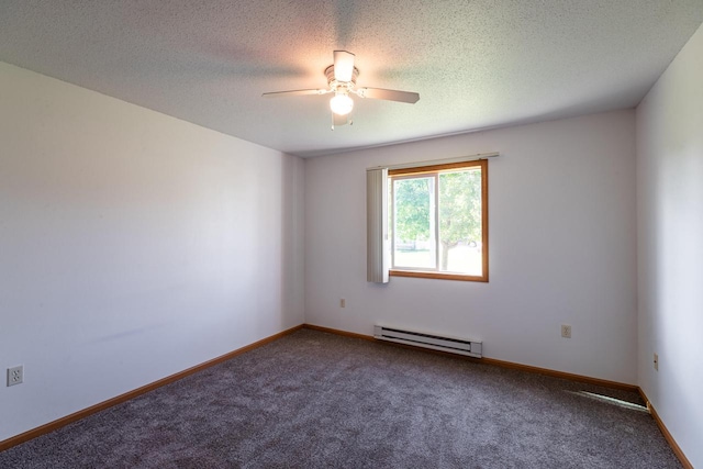 carpeted spare room with ceiling fan, a baseboard radiator, and a textured ceiling