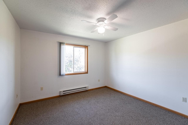 spare room featuring a textured ceiling, carpet, ceiling fan, and a baseboard radiator