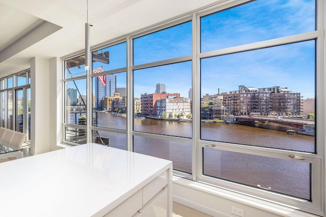 interior space featuring white cabinets and a water view