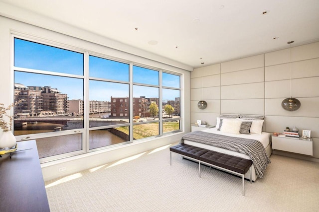 bedroom featuring a water view and carpet flooring