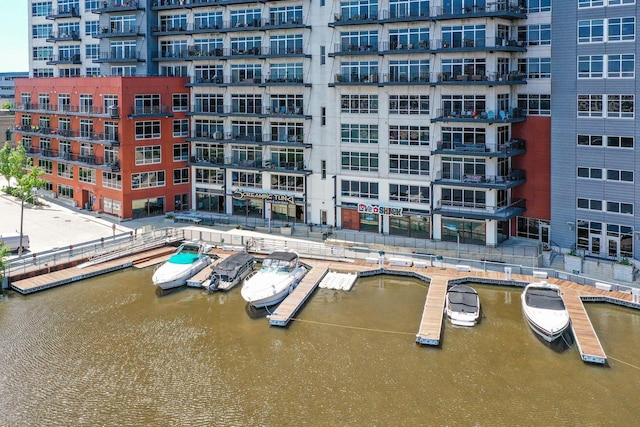 bird's eye view with a water view