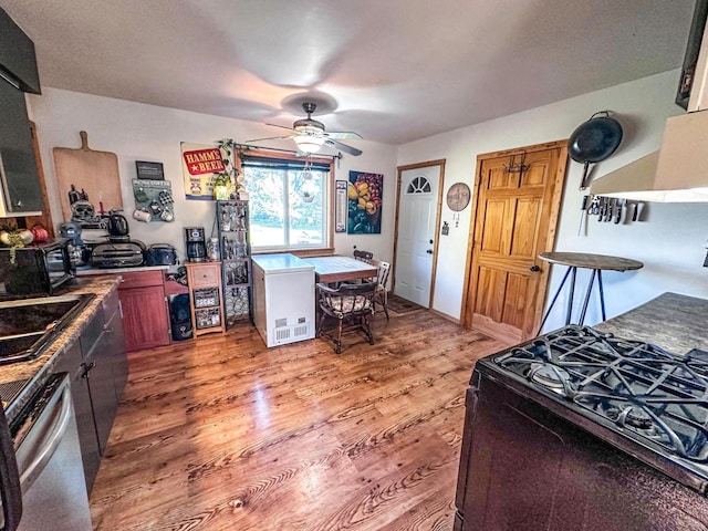 kitchen with light hardwood / wood-style flooring, black appliances, ceiling fan, and sink