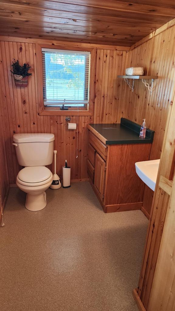bathroom featuring wooden walls, toilet, and wooden ceiling