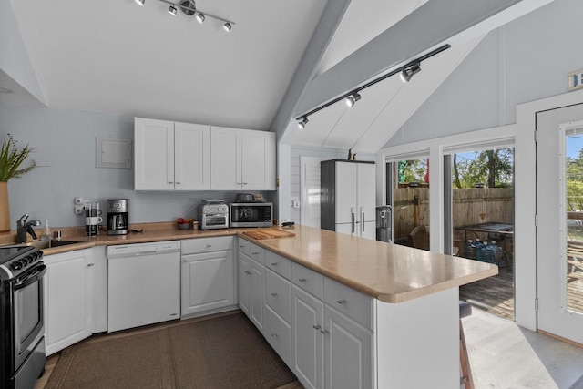 kitchen featuring white cabinets, dishwasher, black stove, and track lighting