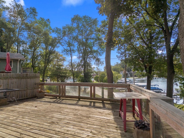 deck featuring a water view