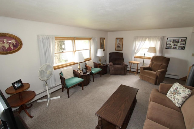 carpeted living room with a baseboard heating unit