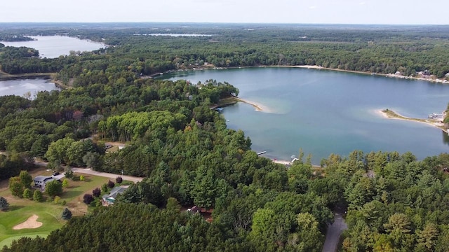 birds eye view of property featuring a forest view and a water view