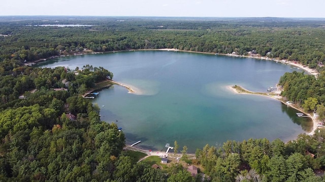 birds eye view of property with a view of trees and a water view