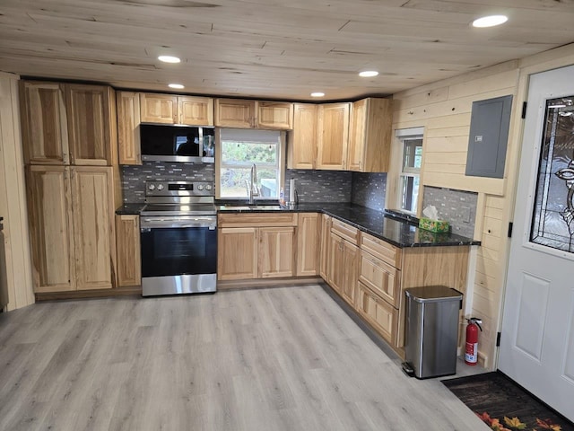 kitchen with appliances with stainless steel finishes, light wood-type flooring, sink, and electric panel